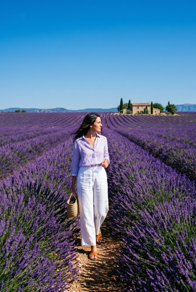 Stylish woman in white linen trousers and pale lavender blouse walking along a central row of the Valensole lavender plateau in Provence with endless deep purple lavender rows stretching to the horizon and a pale stone farmhouse in the distance under a cobalt blue sky
