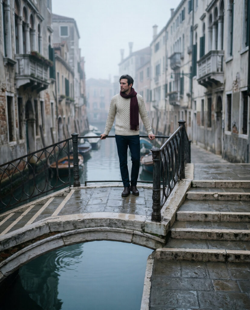 Man on Venice bridge at dawn wearing fisherman knit and burgundy scarf travel outfit