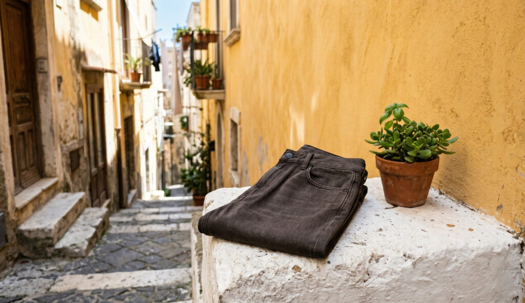 Vesuvian ash dark charcoal women's denim jeans folded on white stone step in narrow Naples street with ochre yellow wall and terracotta plant pot. Campania travel capsule wardrobe colour palette