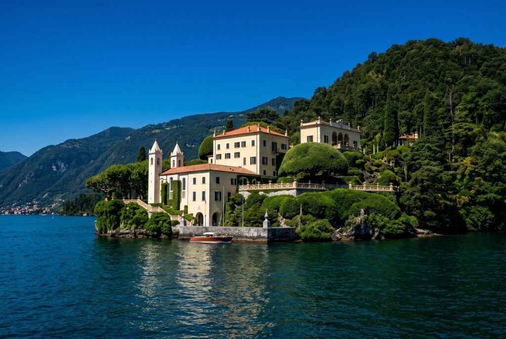 Villa del Balbianello on Lake Como seen from the water with the pale yellow villa facade and terracotta roof rising above lush dark green terraced gardens cascading to the water's edge and steep forested mountains on the far shore under a cobalt blue sky