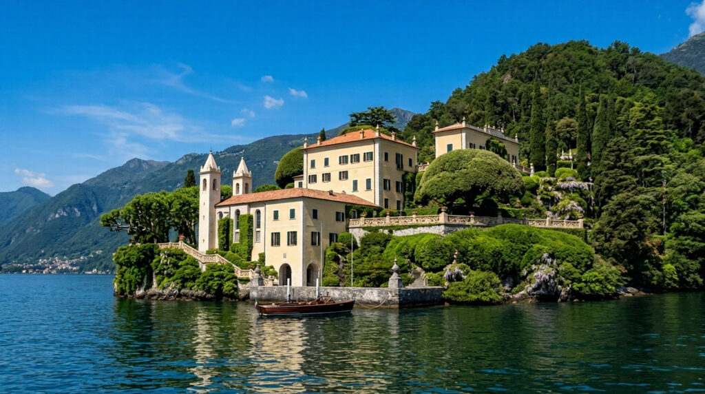 Villa del Balbianello on Lake Como seen from the water with pale yellow villa facade terracotta roof lush green terraced gardens deep blue-green lake water and cobalt blue sky