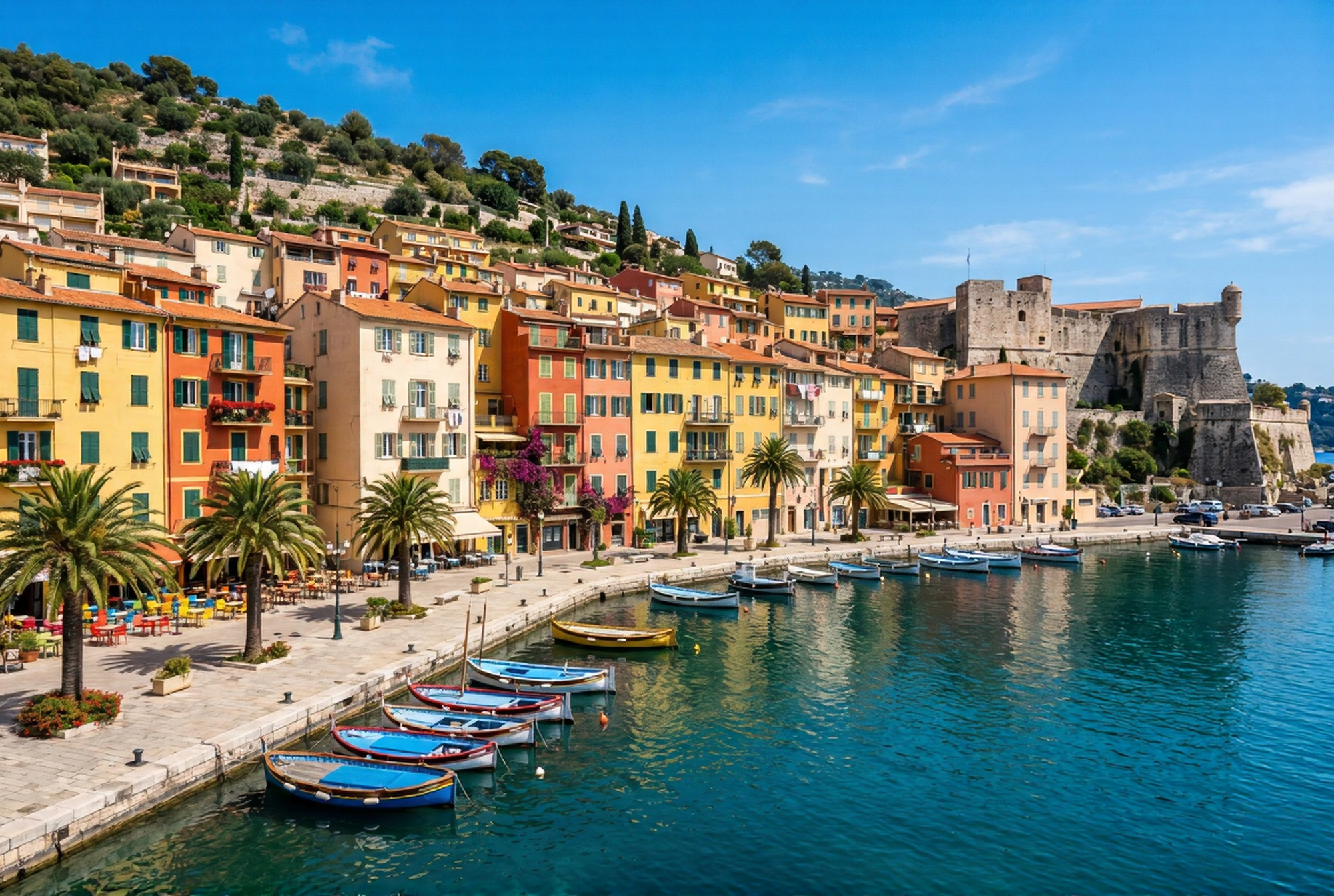The colourful pastel waterfront of Villefranche-sur-Mer on the French Riviera with ochre yellow terracotta orange and coral pink facades cascading to the deep aquamarine harbour with fishing boats and palm trees