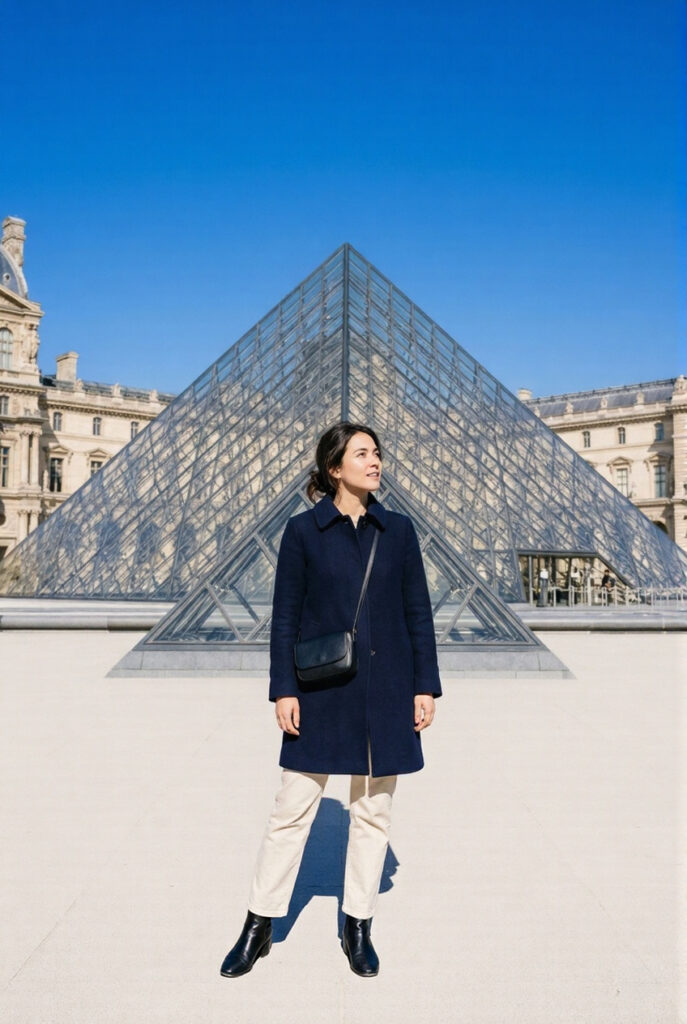 Stylish woman in deep navy coat and cream trousers standing in the Cour Napoleon of the Louvre Museum looking up at the I M Pei glass pyramid against a cobalt blue sky
