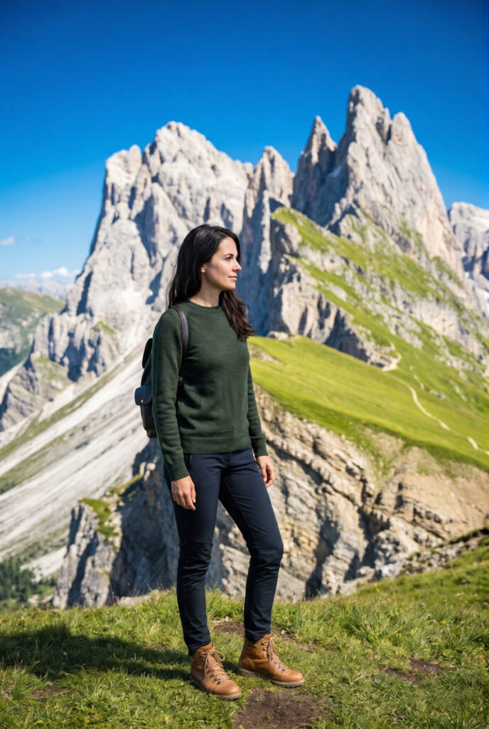 Stylish woman in deep loden green merino sweater standing at the Seceda cliff edge viewpoint above Val Gardena looking at the jagged Odle Dolomite peaks against a deep cobalt blue sky