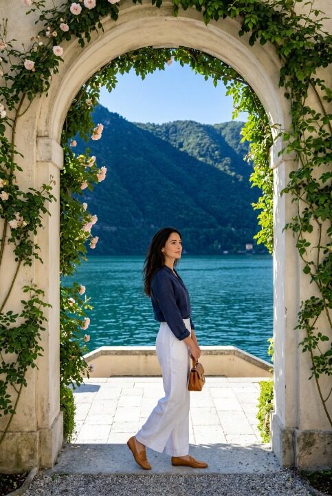 Stylish woman in white linen trousers and pale navy blouse standing at the famous loggia archway of Villa del Balbianello on Lake Como looking out at the deep blue-green lake and forested mountains framed through the pale stone arch with climbing roses