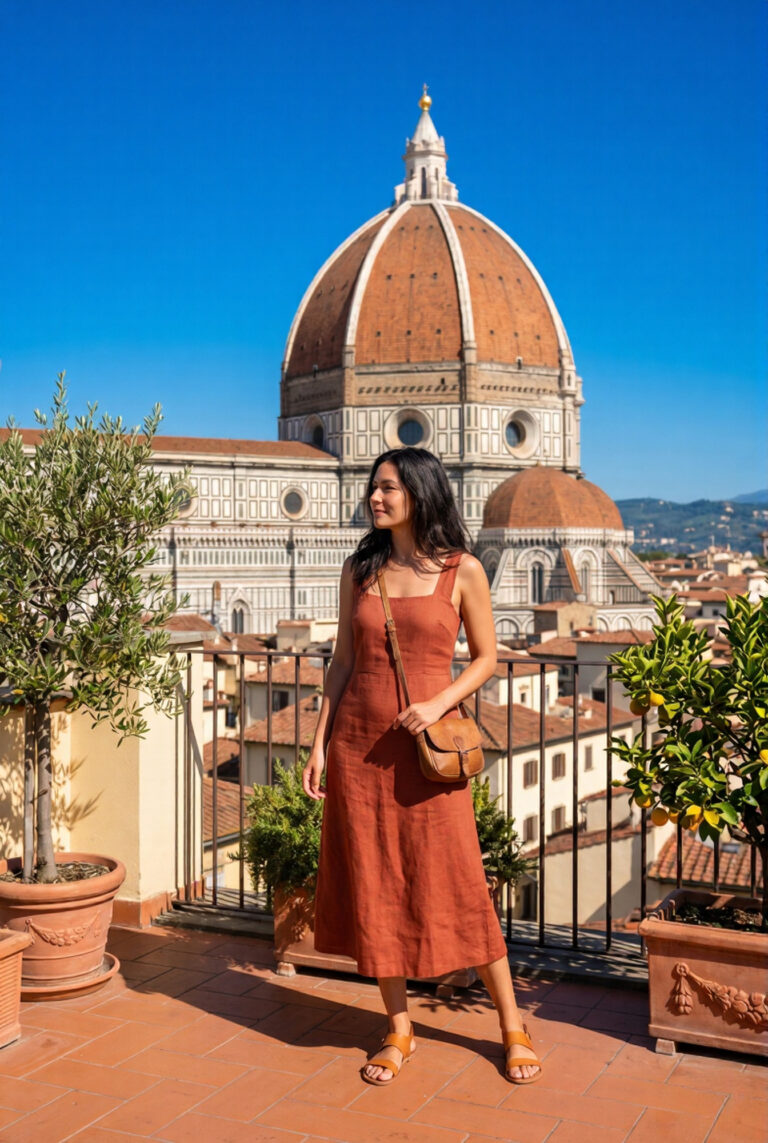 Stylish woman in terracotta linen dress on a rooftop terrace in Florence looking toward Brunelleschi's Duomo dome against a cobalt blue sky