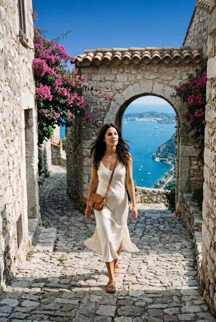 Stylish woman in ivory silk midi dress walking through a narrow medieval stone lane in Èze village with vivid bougainvillea magenta on the walls and the deep aquamarine Mediterranean visible through a stone archway far below