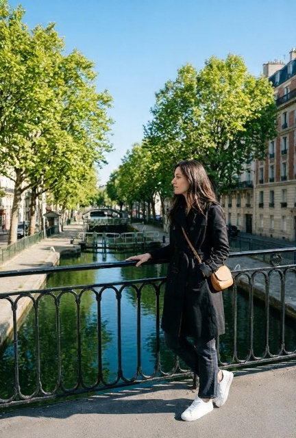 Stylish woman in classic black Parisian trench coat leaning on the iron railing of a Canal Saint-Martin footbridge looking down the green-blue canal with plane trees and lock gates visible in the distance