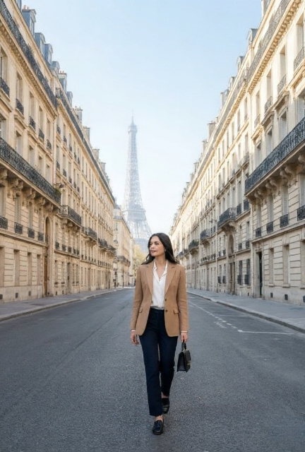 Stylish woman in camel wool blazer and navy trousers walking along a classic Parisian Haussmann boulevard with wrought iron balconies zinc rooftops and the Eiffel Tower visible at the far end in bright morning light
