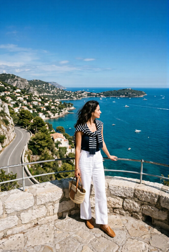 Stylish woman in white linen trousers and navy Breton stripe sweater standing at a Moyenne Corniche cliff viewpoint looking out at the full sweep of the French Riviera coastline and deep aquamarine Mediterranean below