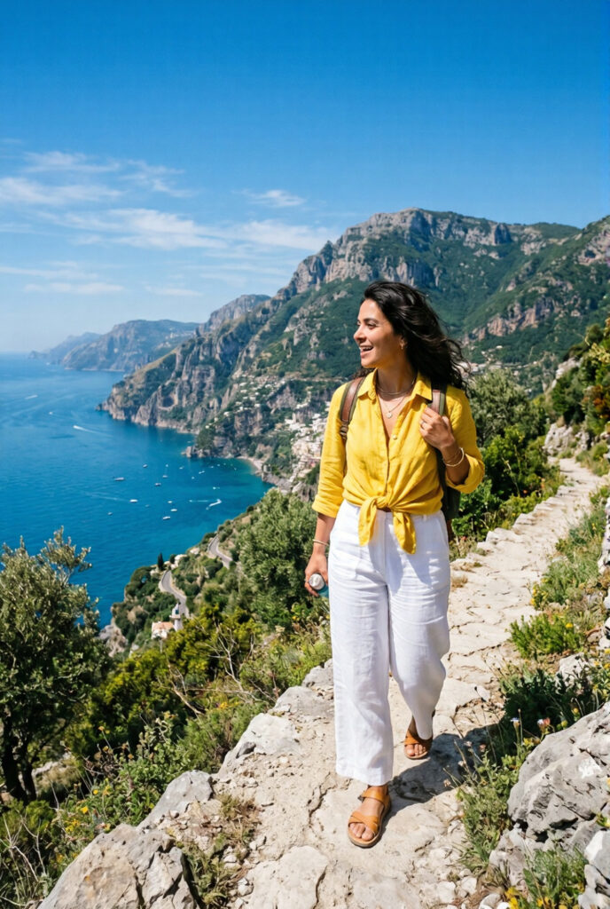 Stylish woman in Sorrento yellow linen shirt hiking the Path of the Gods above the Amalfi Coast looking out at the aquamarine sea and coastal villages far below under a cobalt blue sky