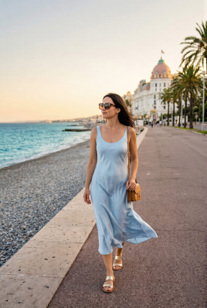 Stylish woman in flowing pale blue silk midi dress walking along the Promenade des Anglais in Nice at golden hour with the deep aquamarine Mediterranean sea palm trees and the white Hotel Negresco facade visible in the distance