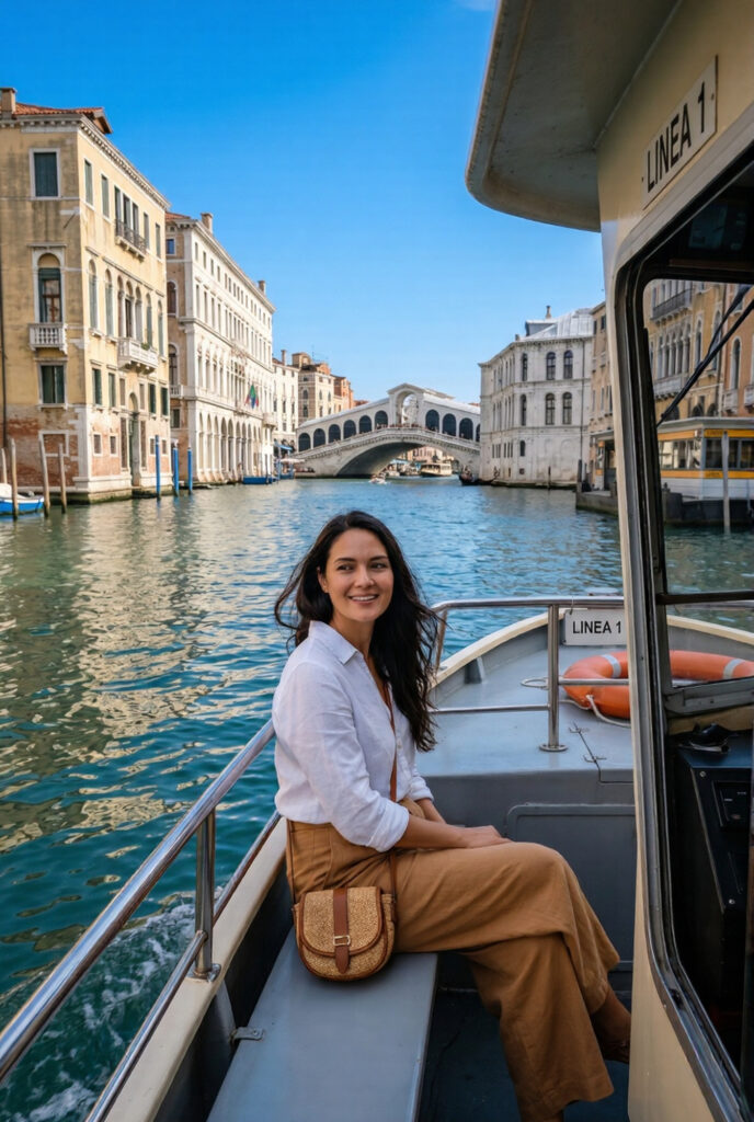 Stylish woman in white linen shirt sitting at the front of a Venice vaporetto on the Grand Canal with the Rialto Bridge visible in the middle distance and palazzo facades lining both banks