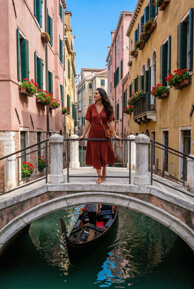 Stylish woman in rust red dress standing on a small stone bridge over a narrow Venice canal looking down toward a passing gondola and faded rose palazzo facades