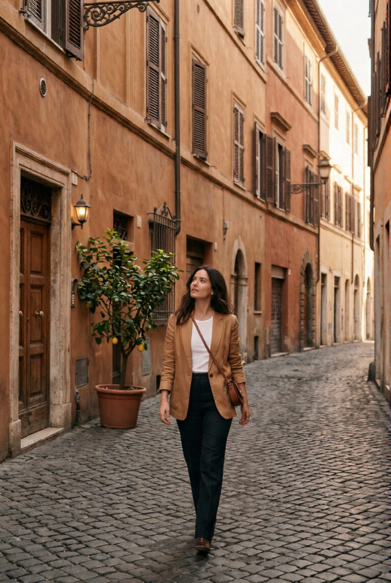 Stylish woman in camel linen blazer walking through quiet cobblestone street in Monti Rome with ochre building facades and morning light