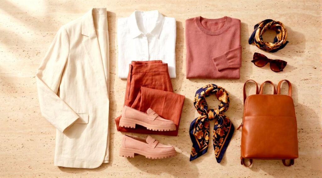 Women's Italy travel capsule wardrobe flat lay on travertine surface with cream blazer terracotta trousers and blush loafers