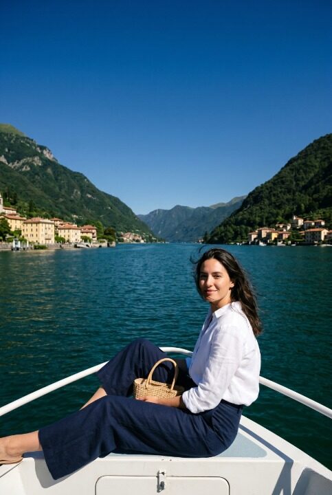 Stylish woman in white linen shirt and navy trousers sitting at the front of a Lake Como public ferry with deep blue-green lake water steep green forested mountains and terracotta village buildings on both shores visible behind her
