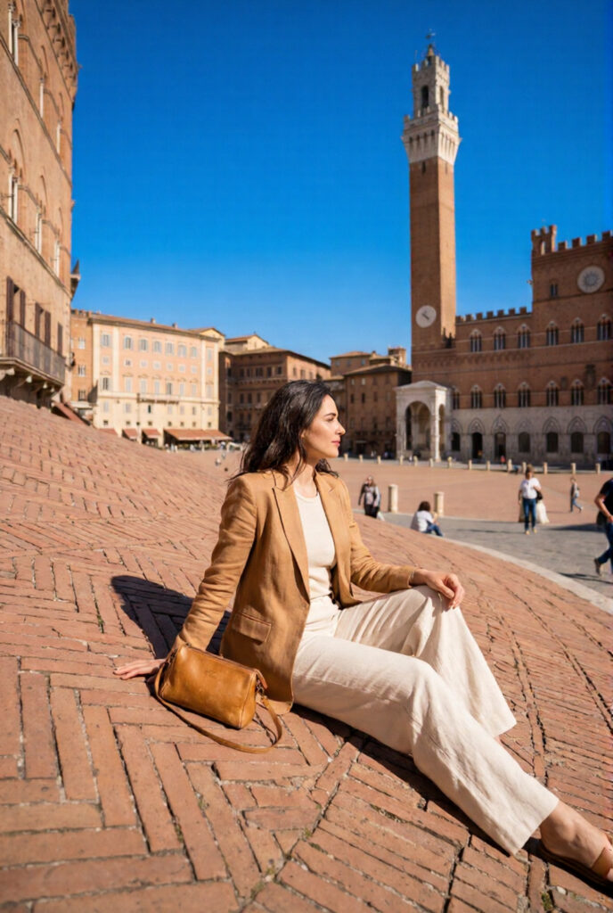 Stylish woman in camel linen blazer sitting on the sloping brick surface of Piazza del Campo in Siena with Palazzo Pubblico and Torre del Mangia against a cobalt blue sky