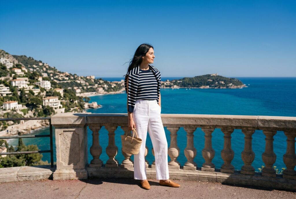 Stylish woman in white linen trousers and navy Breton stripe sweater standing at a Moyenne Corniche cliff viewpoint above the French Riviera looking at the deep aquamarine Mediterranean and white cliffside villas belo