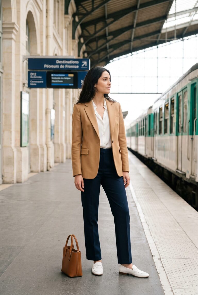 Stylish woman in camel blazer white blouse and straight-leg navy trousers standing on a French railway platform with a single structured leather tote bag and a green French train visible alongside