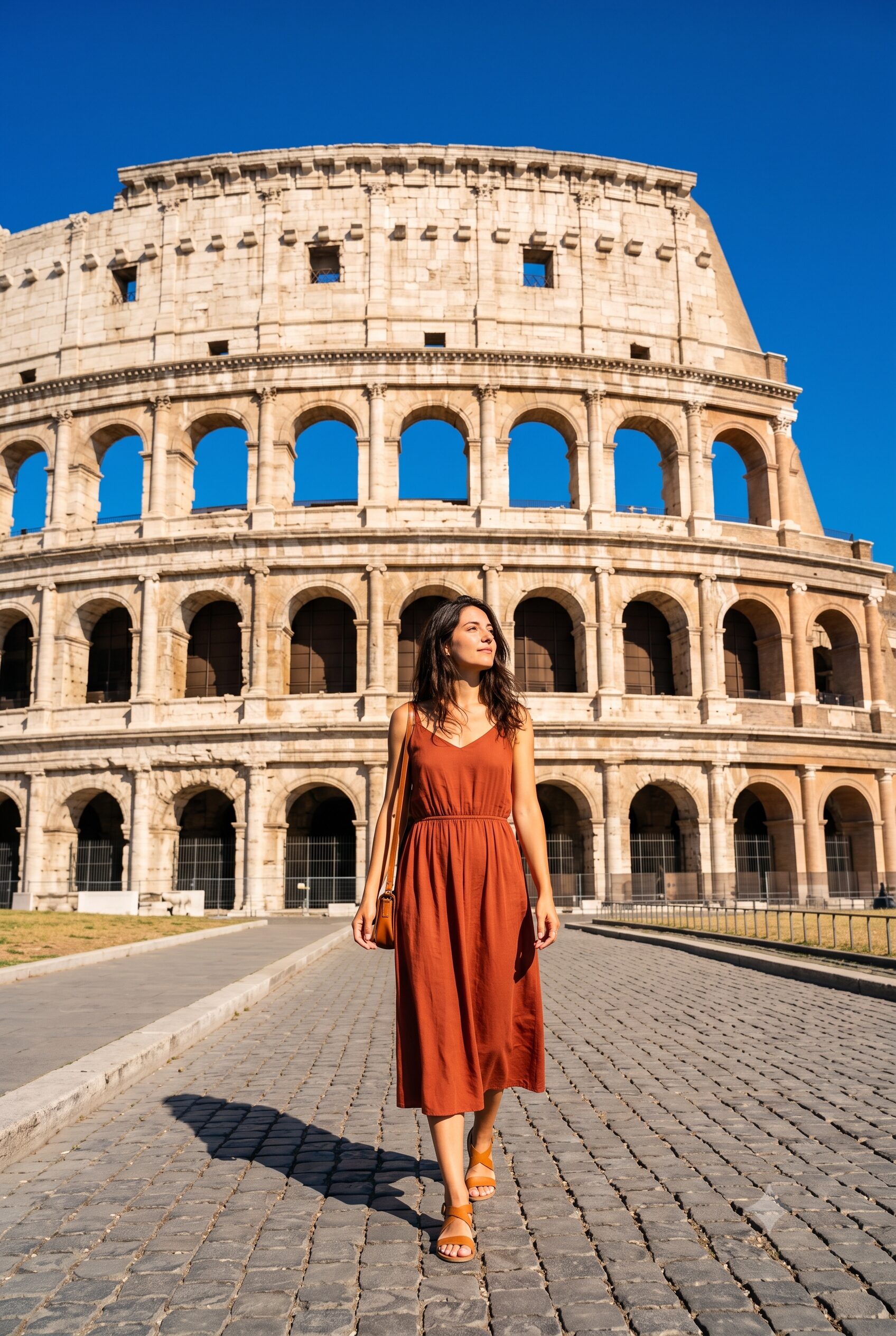 Stylish woman in rust red midi dress and tan sandals standing on cobblestone road in front of the Colosseum in Rome looking up toward the monument under a deep cobalt blue sky in bright midday light