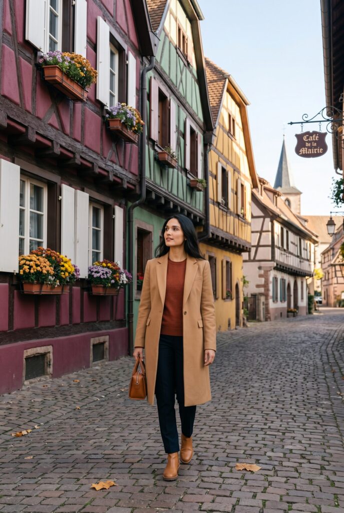 Stylish woman in long camel wool coat and rust fine knit sweater walking through a classic Alsace half-timbered village street with deep burgundy red forest green and mustard yellow timber-framed facades on a bright autumn morning