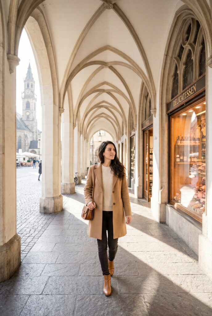 Stylish woman in camel wool coat walking through the medieval Lauben covered arcades in Bolzano old city with pale stone Gothic arches local produce shop fronts and the Piazza Walther cathedral tower visible at the end