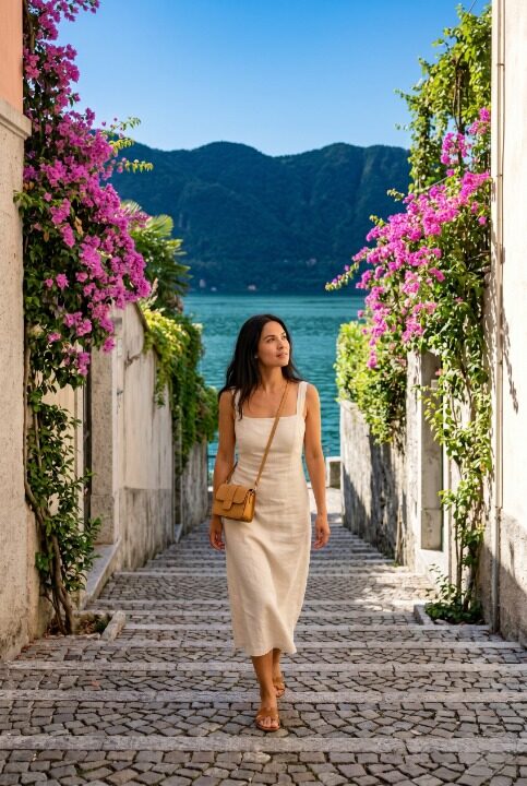 Stylish woman in cream linen midi dress walking up the famous Salita Serbelloni cobblestone steps in Bellagio with vivid pink bougainvillea on pale stone walls either side and the deep blue-green Lake Como visible at the top of the steps
