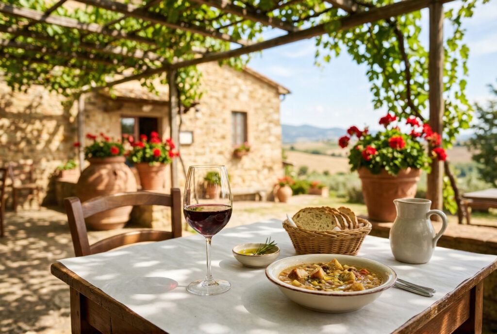 Outdoor lunch table at a Tuscan trattoria with glass of Chianti wine ribollita bread basket and rolling hills in the background under a vine pergola