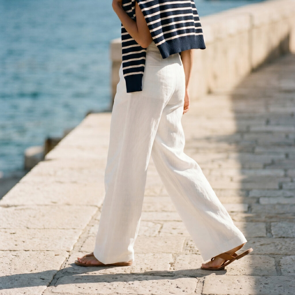 A woman from the waist down walks along a sun-drenched stone pier by the blue Mediterranean sea, wearing flowing white wide-leg linen trousers and tan leather slide sandals.