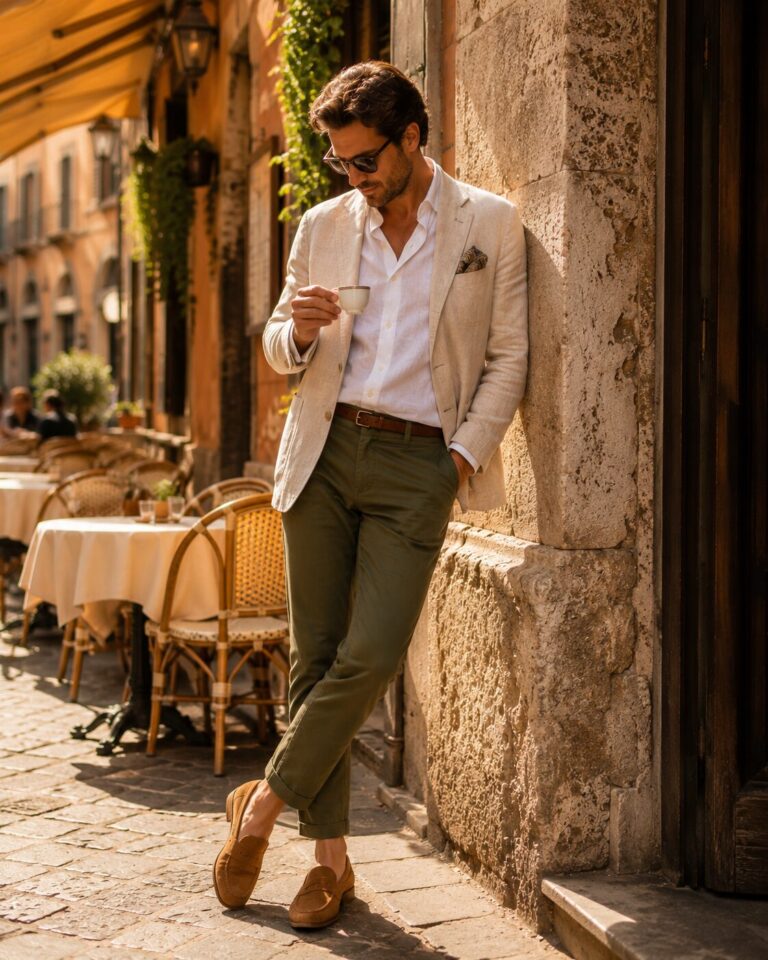 Man at Italian café terrace wearing cream linen blazer olive chinos and suede loafers capsule wardrobe outfit