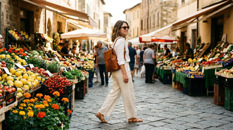 Woman walking through vibrant Italian market with cognac leather backpack linen outfit and tortoiseshell sunglasses