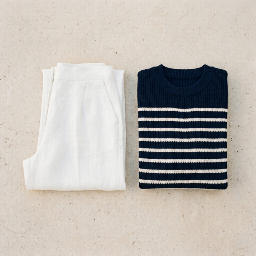 Minimalist flat lay of a French Riviera capsule wardrobe featuring tailored white wide-leg linen trousers paired with a navy and white Breton stripe knit sweater.