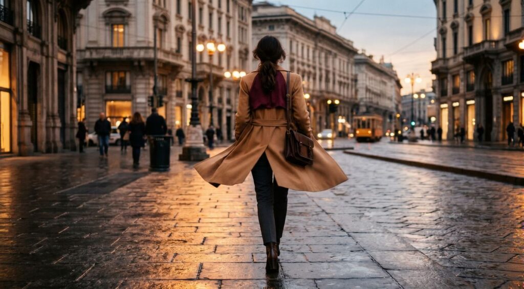Woman walking Milanese boulevard in sharp trench coat and leather satchel travel outfit
