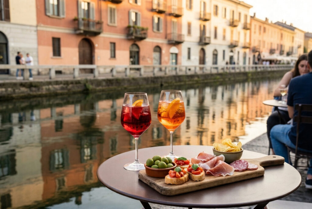Outdoor aperitivo table at a Navigli canalside bar in Milan with two Campari spritz cocktails cicchetti bites and the Naviglio Grande canal reflecting warm evening light in the background