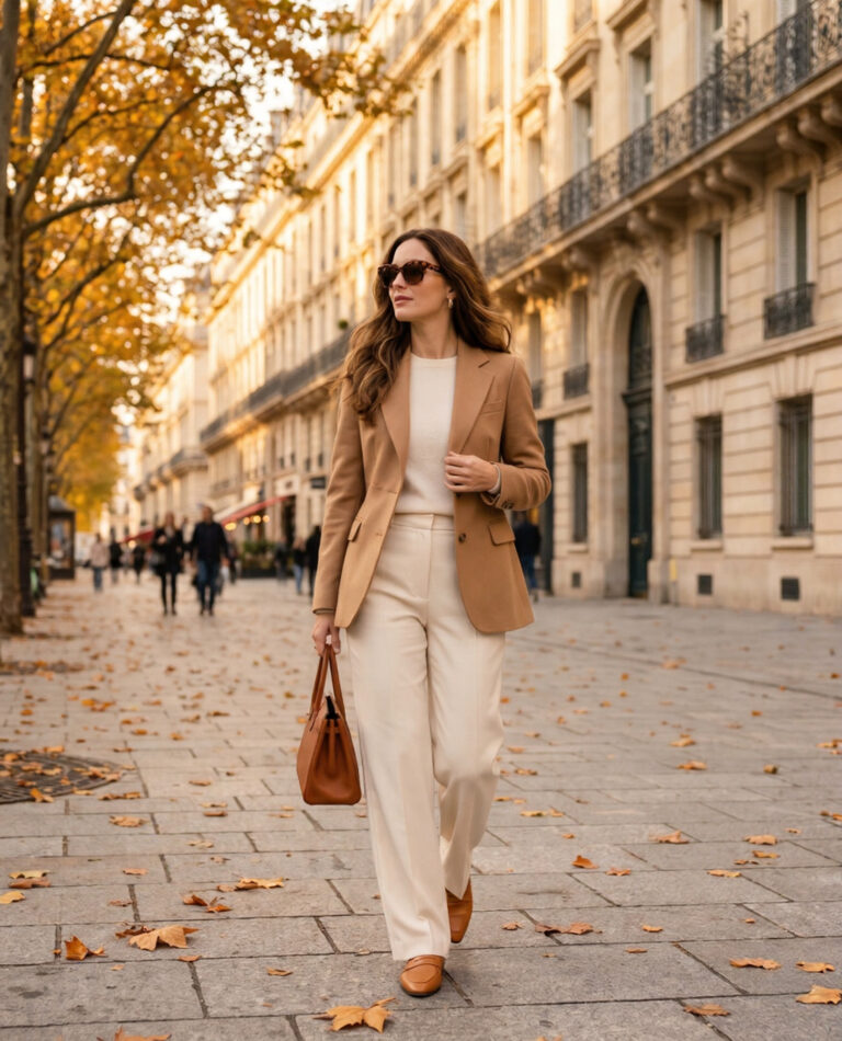 Stylish woman in camel blazer and cream trousers walking along a golden Haussmann boulevard in Paris in autumn
