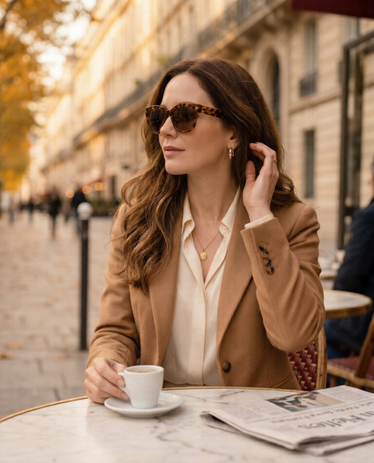 Stylish woman in cream silk blouse and camel blazer at a Parisian bistro table with an espresso, tortoiseshell sunglasses, gold jewellery