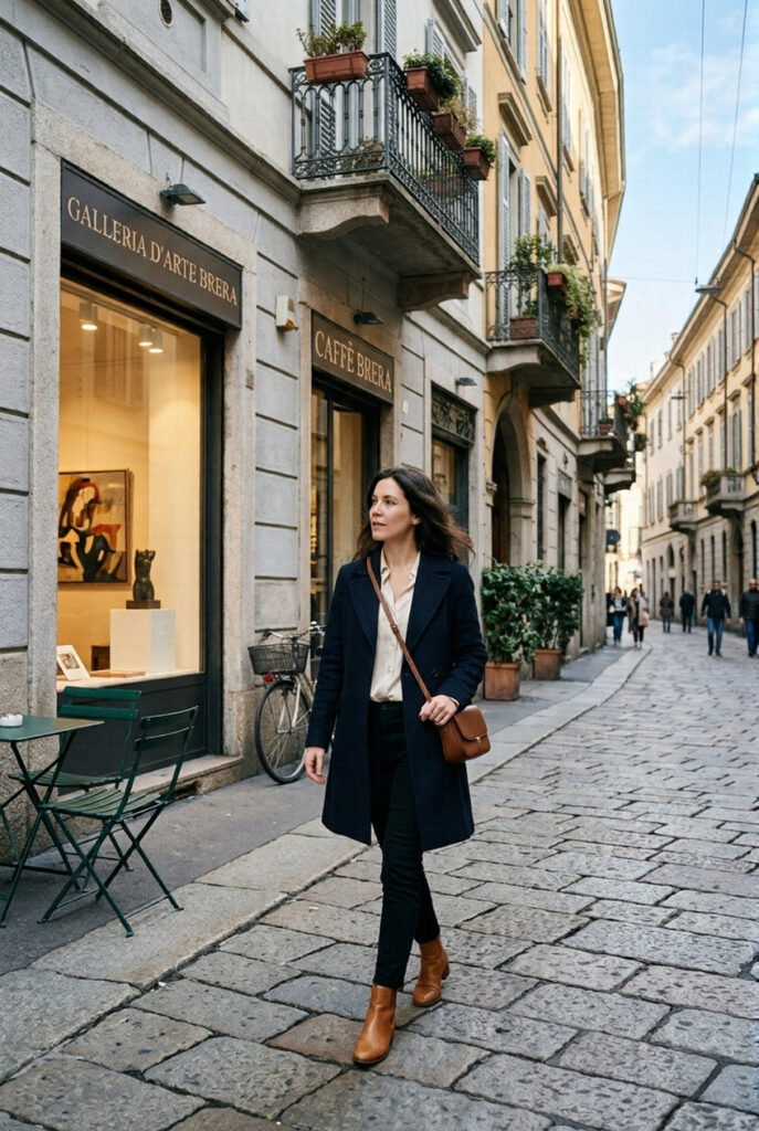 Stylish woman in dark navy wool coat and tan leather ankle boots walking through a quiet cobblestone street in the Brera district of Milan with pale grey stone facades wrought iron balconies and a lit gallery window