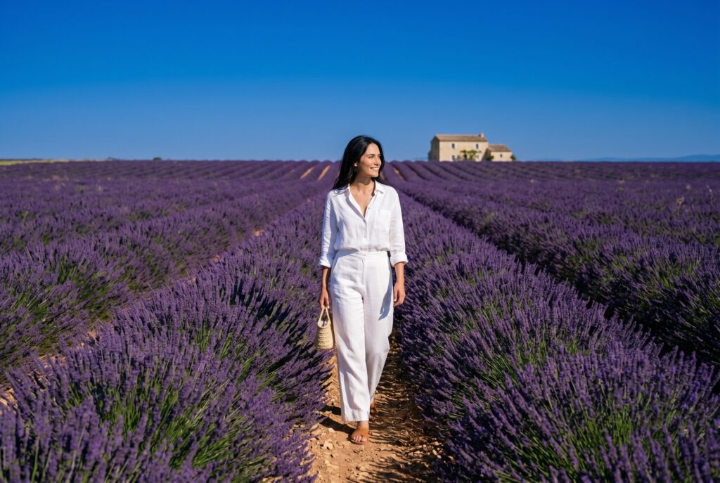 Stylish woman in white wide-leg linen trousers and white linen shirt walking along a central row of the Valensole lavender plateau in Provence with deep purple lavender rows stretching to the horizon and a pale stone farmhouse in the distance