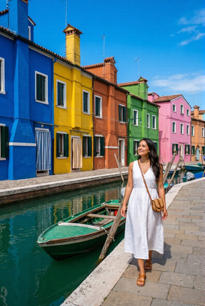 Stylish woman in white linen dress walking along a Burano island street in front of a row of vivid coloured fishermen houses in cobalt blue yellow orange green and pink under a clear blue sky