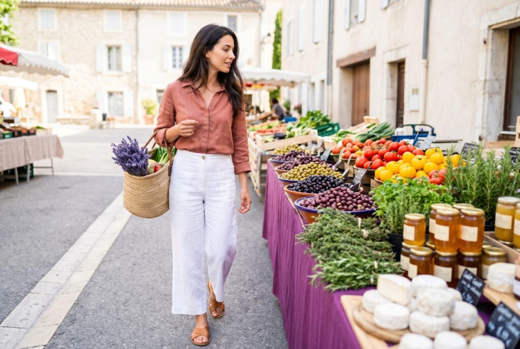 Stylish woman in white linen trousers and terracotta blouse carrying a woven market basket at a Provençal morning market with vivid displays of deep purple olives bright tomatoes fresh herbs and goat's cheese on the stall beside her