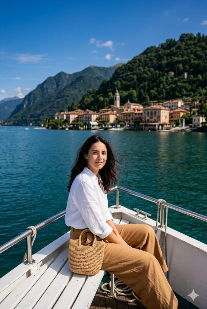 Stylish woman in white linen shirt and camel trousers sitting at the bow of a Lake Como public ferry with deep blue-green lake water steep forested mountains and terracotta village on the far shore