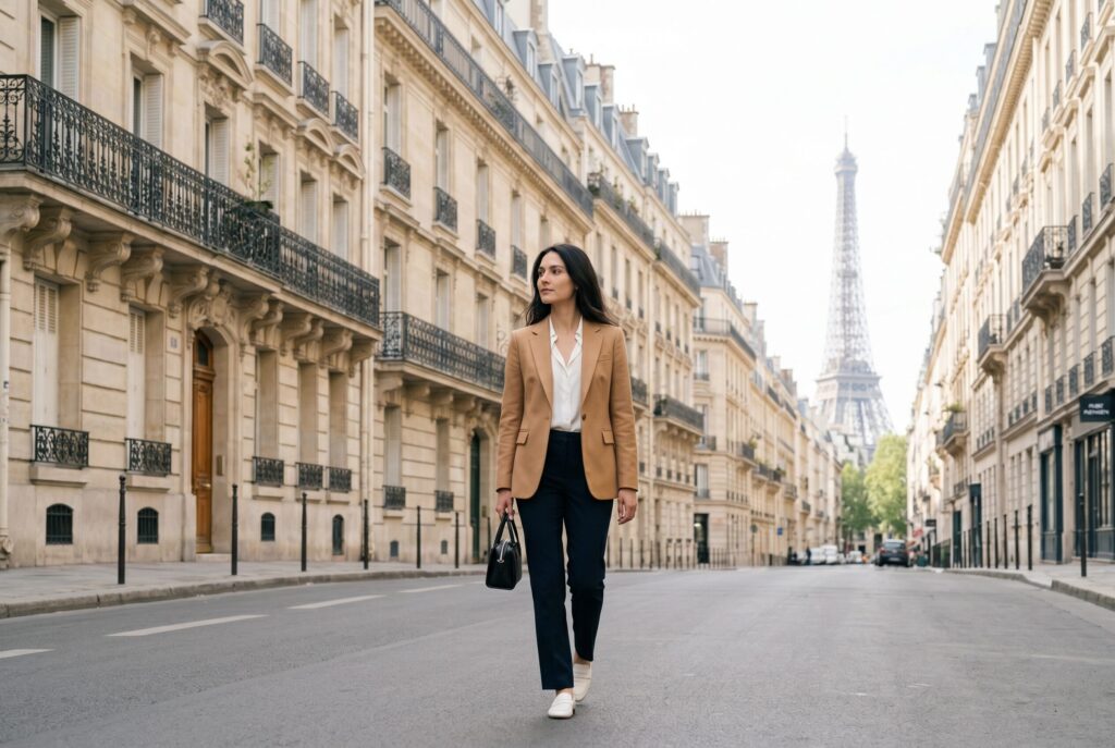 Stylish woman in camel wool blazer white blouse and straight-leg navy trousers walking along a classic Parisian Haussmann boulevard with wrought-iron balconies zinc rooftops and the Eiffel Tower visible at the far end