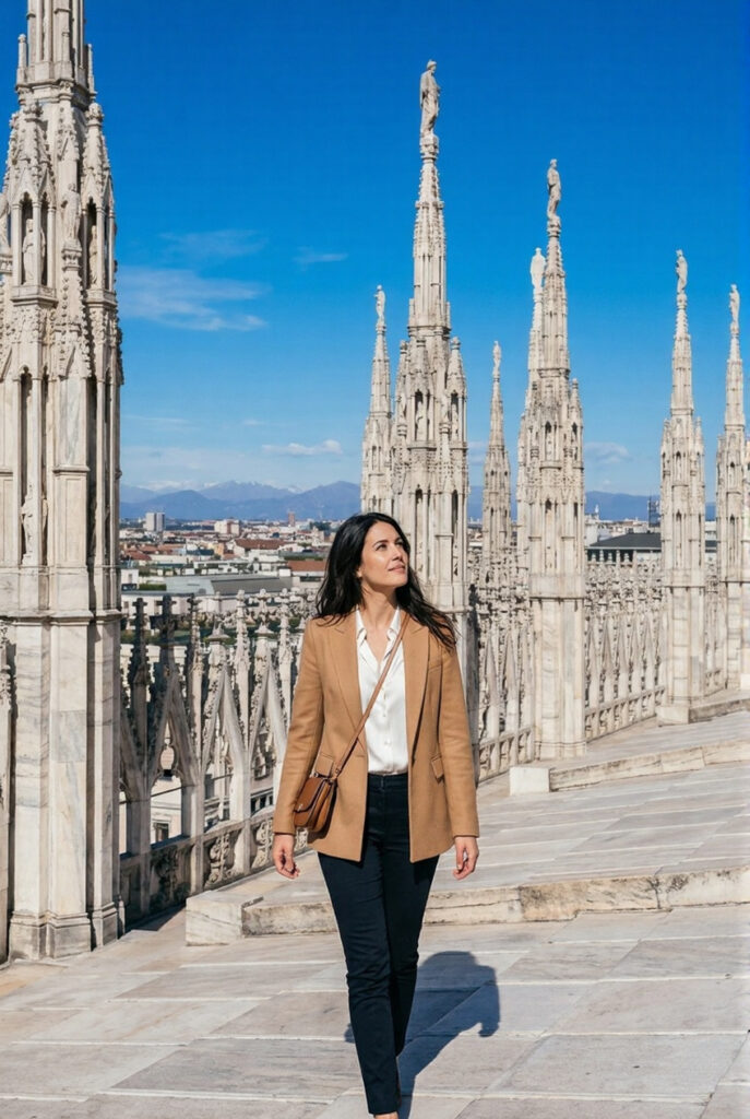 Stylish woman in camel blazer walking on the Milan Duomo rooftop terrace surrounded by white and grey Gothic marble spires against a deep cobalt blue sky with the Milan cityscape below