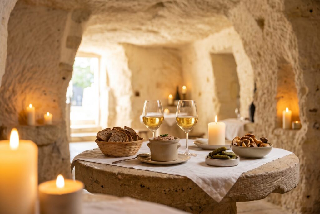 Interior of a Loire Valley cave restaurant carved into pale cream tuffeau limestone with a round stone table holding two glasses of pale golden Vouvray wine a ceramic pot of rillettes de Tours with dark bread and cornichons and cave mushrooms in warm candlelight