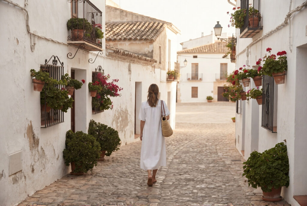Woman in white dress walking a cobblestone street in a Spanish old town