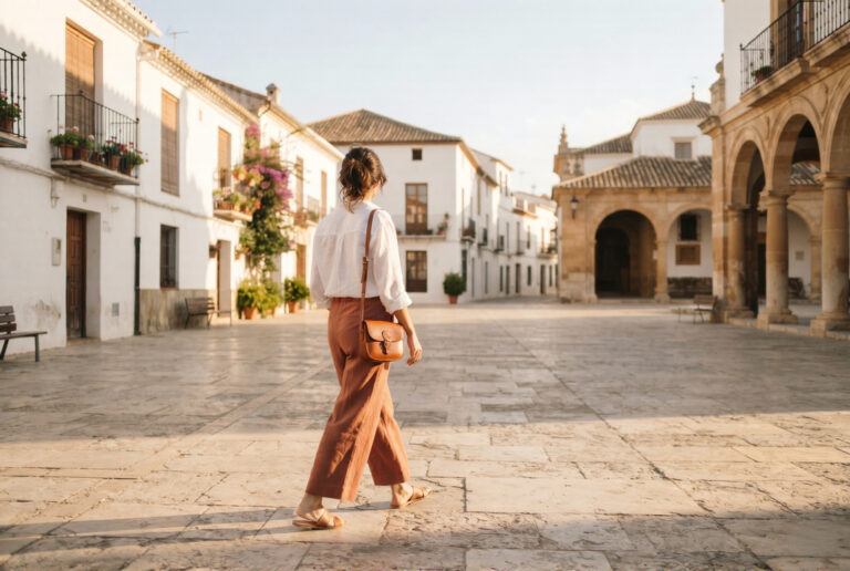 Woman in terracotta linen trousers and white shirt walking through a sunlit Spanish plaza