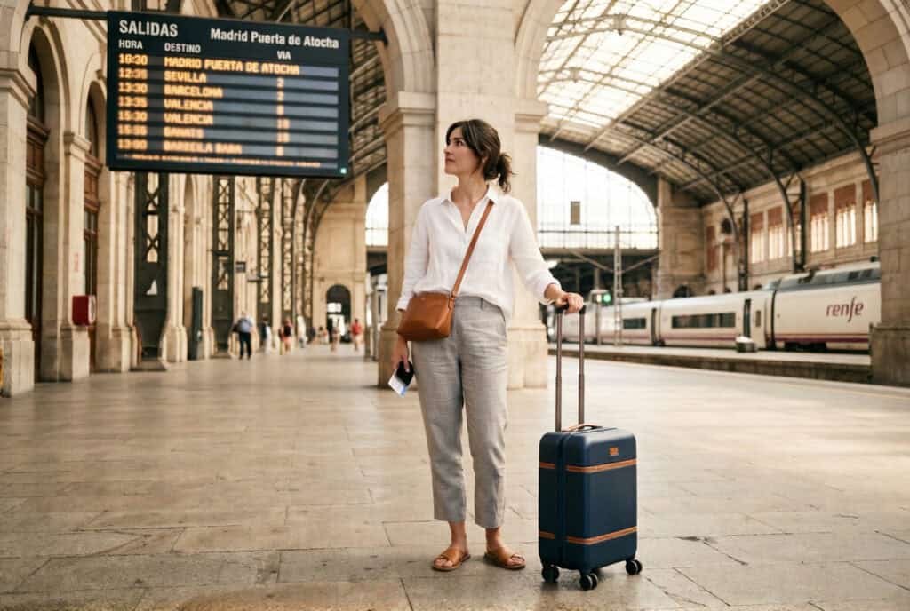 Woman in stone linen trousers and white shirt with a single carry-on bag at a Spanish train station