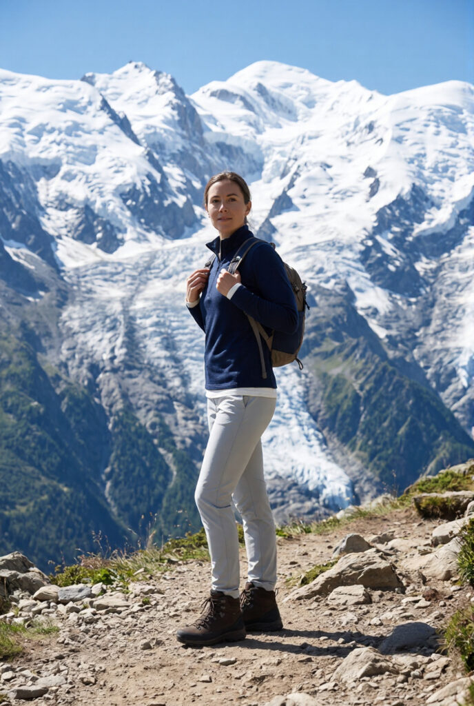 Woman in glacier white merino base layer and alpine navy mid-layer hiking a trail above Chamonix with the French Alps Mont Blanc massif behind her