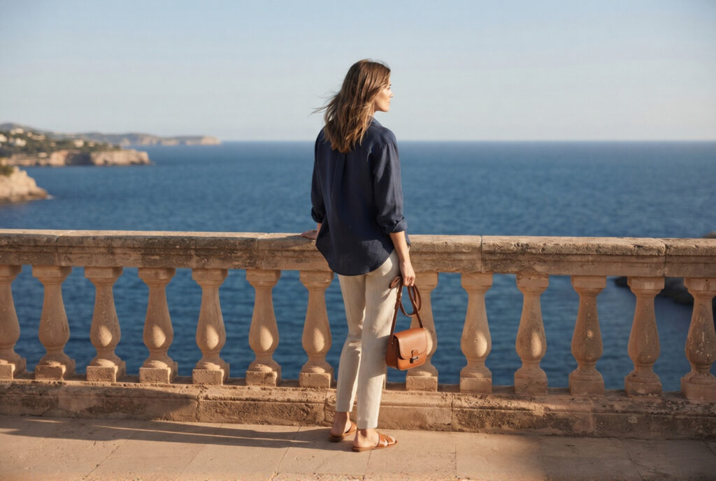Woman in stone linen trousers and navy shirt at a stone balustrade overlooking a blue Spanish bay